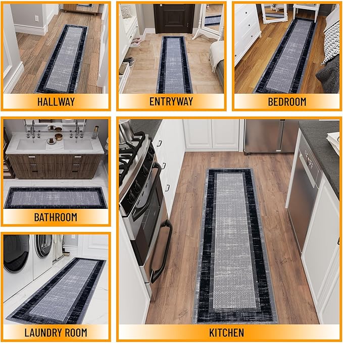 Ottomanson Hallway Runner Rug 1'10" x 7' Non Slip Border Area Rugs Easy to Clean Laundry Rug Runner Durable & Pet Friendly Floor Carpet Runners for Hallways Entryway Living Room Kitchen, Gray/Navy