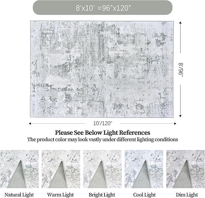 Art&Tuft Washable Rug, Anti-Slip Backing Abstract Area Rugs, Stain Resistant Rugs for Living Room, Foldable Machine Washable Area Rug(Grey, 8'x10')