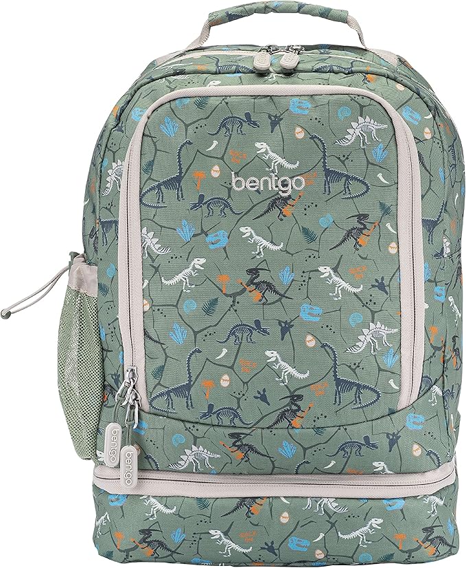 Bentgo Kids 2-in-1 Backpack & Insulated Lunch Bag - Durable 16” Backpack & Lunch Container in Unique Prints for School & Travel - Water Resistant, Padded & Large Compartments (Dino Fossils)