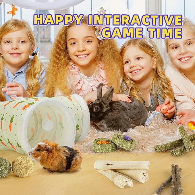 Bunny Tunnels & Tubes Collapsible 3 Way Rabbit Hideout with 13pcs Toys for Bunny Guinea Pig Hamster Chinchilla Hedgehog Rat Ferret Kitten (Fleece Carrot)