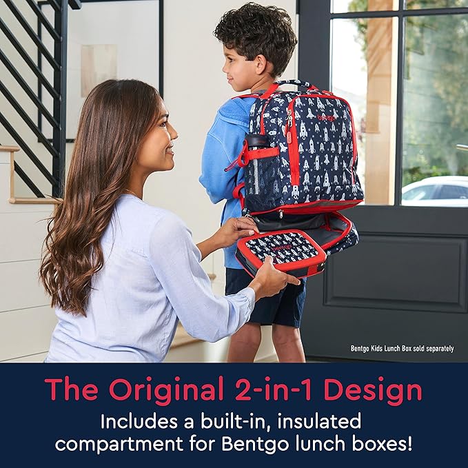 Bentgo Kids 2-in-1 Backpack & Insulated Lunch Bag - Durable 16” Backpack & Lunch Container in Unique Prints for School & Travel - Water Resistant, Padded & Large Compartments (Rocket)