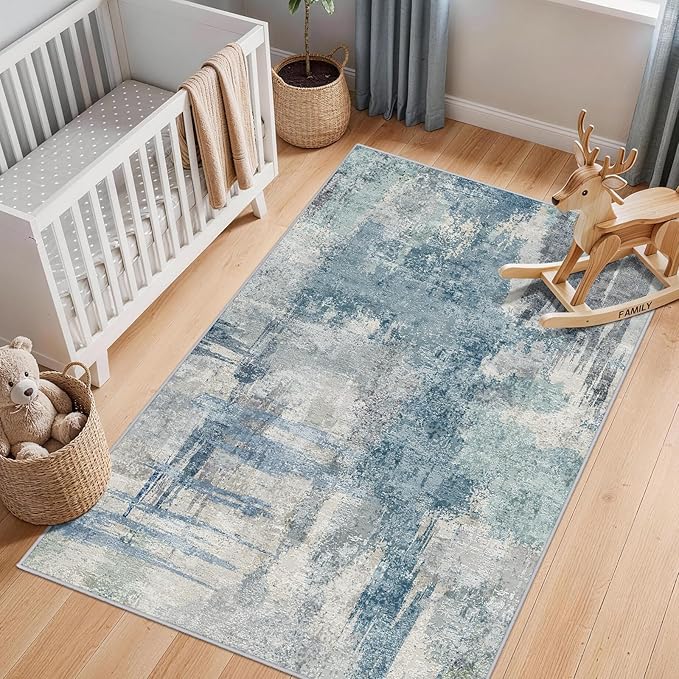 Abstract 3x5 Entryway Area Rugs: Machine Washable Anti-Slip Cozy Rug - Soft Low Pile Small Modern Carpet for Bedroom, Entryway, Kitchen - Indoor Floor Mat Home Decor 3x5 Blue