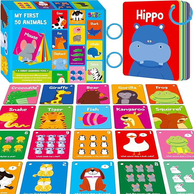 Animal Flashcards, 50 Double-Sided Cards, Wild/Farm/Marine Animal Cards Educational Learning Tools for Preschool and Toddlers Learning (2 Reclosable Rings Attached)