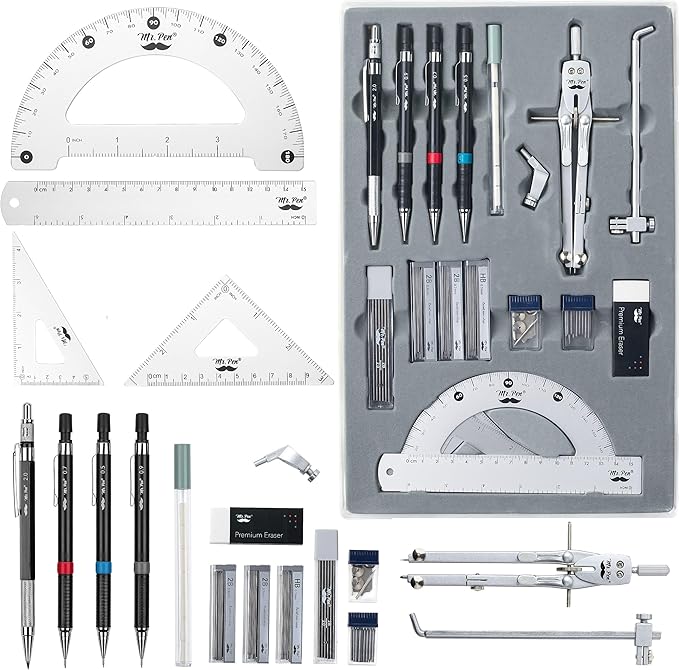 Mr. Pen- Professional Geometry Set, Silver Geometry Kit for Artists, Metal Rulers and Compasses, Mechanical Pencil Set, Drafting Tools & Drafting kits