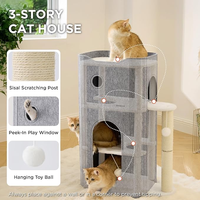 Bedsure 3-Level Indoor Cat Bed- Cat Condos Small Cat Tree for Multiple Kitties to Play Sleep,Hideaway Cave, Fluffy Ball, Scratching Post, 22.5x31.5x13, Grey