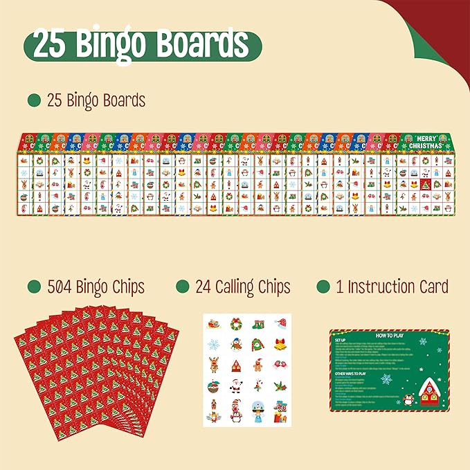SpriteGru Christmas Bingo Game, 25PCS Bingo Board Game, 2-25 Players Bingo Game Set for Teenager or Adults Xmas Party, Fun Interesting Activity Winter Party Supplies
