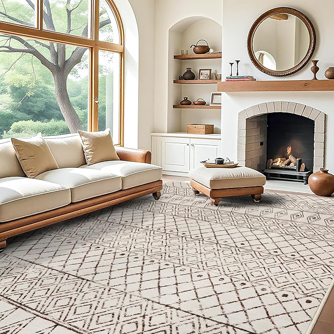 10 x 12 Area Rug - Modern Living Room Area Rugs Washable Moroccan Rugs Low Pile Non Slip Carpets Soft Indoor Thin for Bedroom Dining Room Office 10x12 Geo Beige