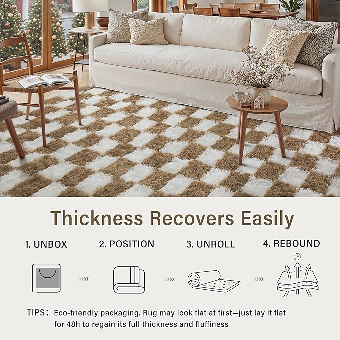 Checkered Rug 5x7 for Living Room, Brown and White Modern Shag Rugs Super Soft Washable Indoor Office Fuzzy Carpet Non-Slip Fluffy Rugs for Bedroom Home Aesthetic Decor