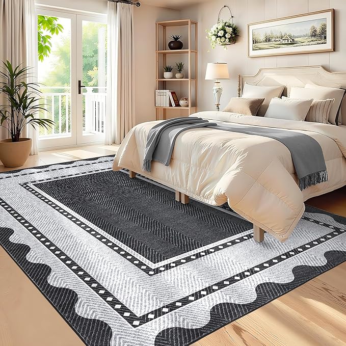 GarveeHome Washable Area Rug 10x13 Modern Border Neutral Print Pattern Large Solid Rugs, Low Pile Non Slip Stain-Resistant Soft Carpet, Perfect for Living Room, Bedroom, Kids Room, Nursery, Black Grey