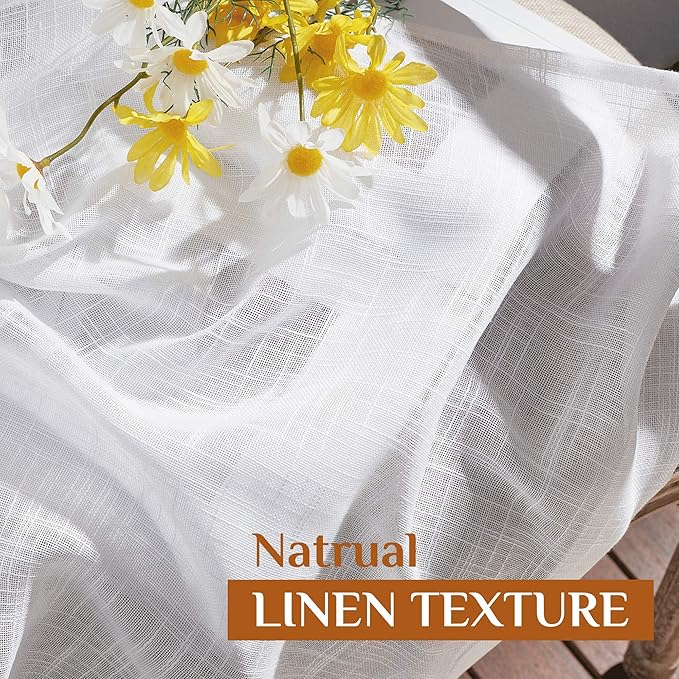 NICETOWN White Faux Linen Sliding Door Curtains 90 inches Long, Rod Pocket & Back Tab Semi Sheer Window Treatments Privacy with Light Filter for Farmhouse/French Door, W66 x L90, 2 Panels