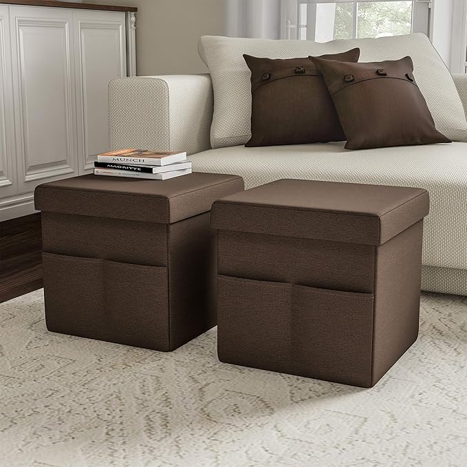 Set of 2 Ottomans with Storage Pockets - 15-Inch Folding Foot Rests or Storage Organizers for Bedroom, Living Room, or Dorm by Lavish Home (Brown)