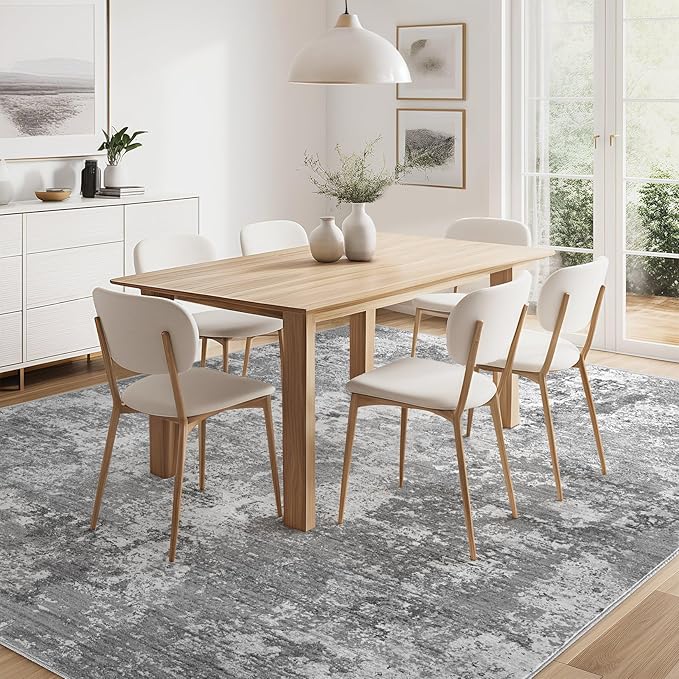 Area Rugs for Living Room: 6x9 Abstract Washable Rug Modern Neutral Large Soft Stain Resistant Non-Slip Backing Machine Table for Bedroom Dining Room Indoor Home Office Carpet - Light Grey