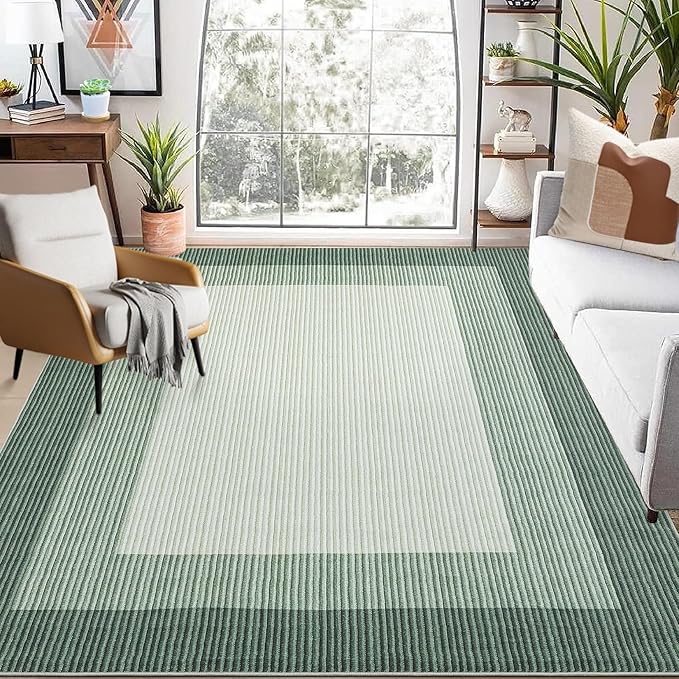 GarveeHome Area Rugs 10x13 Living Room Rug, Modern Bordered Machine Washable Rug Large Soft Carpet Bedroom Non Slip Stain Resistant Neutral Solid Border Carpet for Farmhouse, Green 10x13