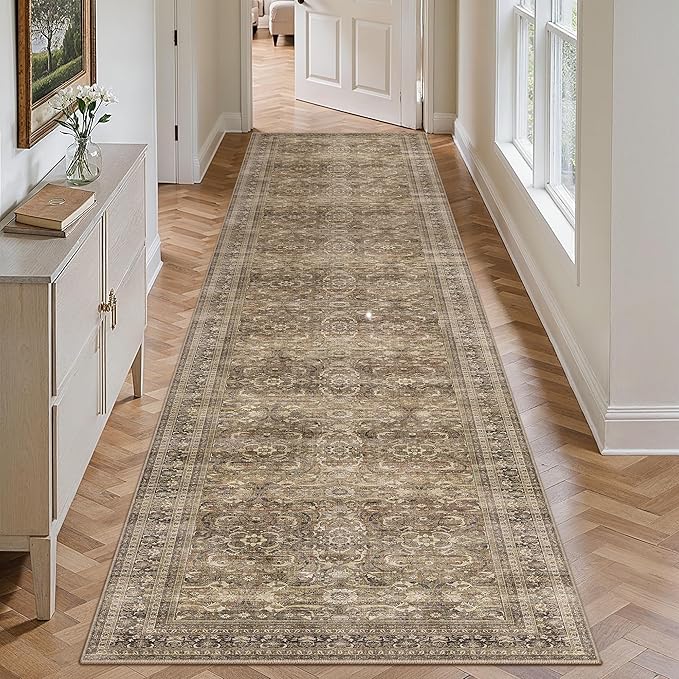 HUGEAR 2'6''x12' Runner Rug Hallway Vintage Brown Machine Washable Retro Floral Low Pile Carpet Vacuumable Distressed Long Throw Rug Bedroom Office Bathroom Kitchen Laundry Non Slip Soft Lightweight