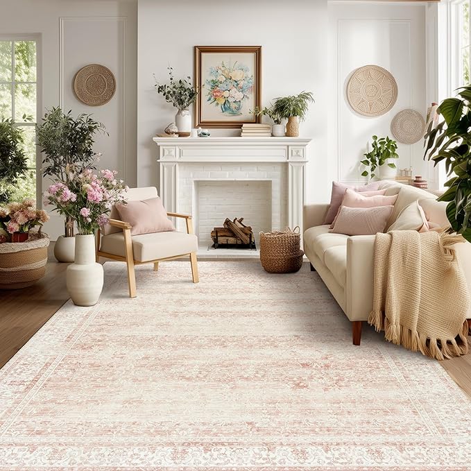 Light Pink Nursery Rug for Baby Girl Neutral Blush Pink Boho Floral Pattern Carpet 5 x 8 Washable Non Slip Low Pile Soft Surface Area Rugs for Living Room Bedroom Playroom,5x8