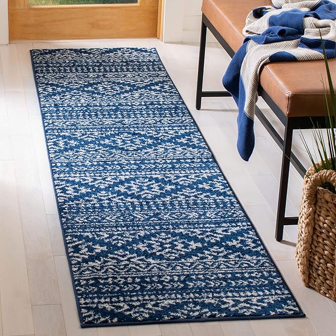 SAFAVIEH Tulum Collection Runner Rug - 2' x 7', Navy & Ivory, Moroccan Boho Tribal Design, Non-Shedding & Easy to Clean, Ideal for Living Room, Hallway, Foyer, Entryway, Bedroom (TUL272N)