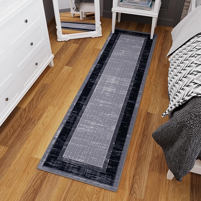 Ottomanson Hallway Runner Rug 1'10" x 7' Non Slip Border Area Rugs Easy to Clean Laundry Rug Runner Durable & Pet Friendly Floor Carpet Runners for Hallways Entryway Living Room Kitchen, Gray/Navy