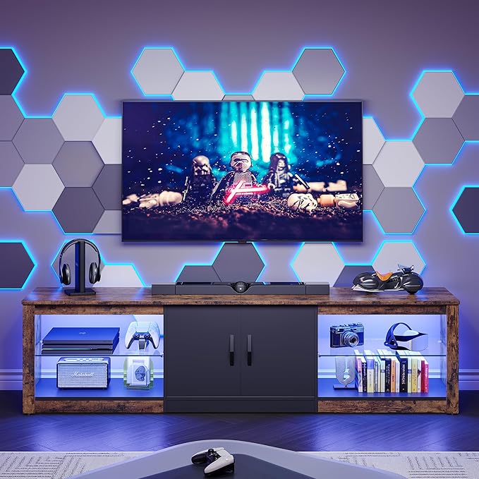 Bestier 70 Inch Led TV Stand for Large TVs - Modern Rustic Brown Entertainment Center with Adjustable Glass Shelves, Two Cabinets, 22 RGB Modes for Living Room Gaming