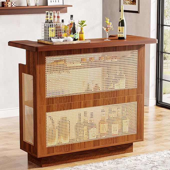 Tribesigns Rattan Home Bar Unit, Farmhouse 4-Tier Bar Table with 4 Stemware Racks and Heightened Base, Liquor Wine Bar Cabinet Mini Bar Table for Home Pub, Caramel Brown