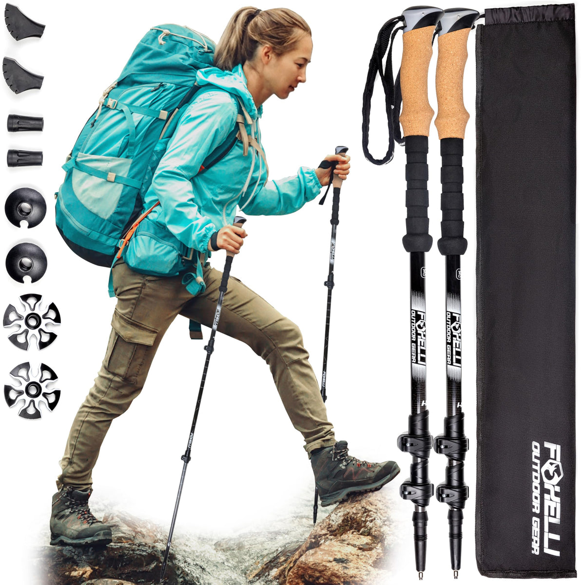 Foxelli Carbon Fiber Trekking Poles – Lightweight Collapsible Hiking Poles with Cork Grips, Quick Flip Locks & All-Terrain Accessories – Adjustable Height Hiking Sticks for Men & Women