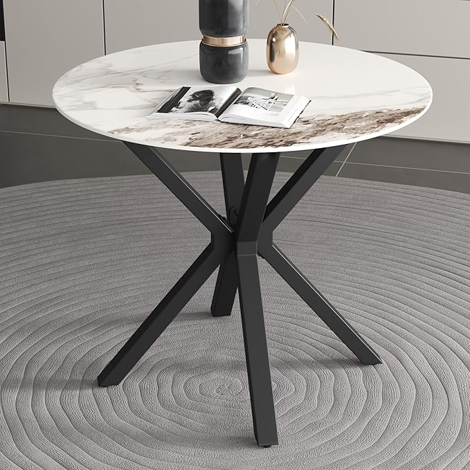 Round Faux Marble Dining Table Modern 32 Inch Kitchen Table with Black Metal Legs for Dining Room Kitchen