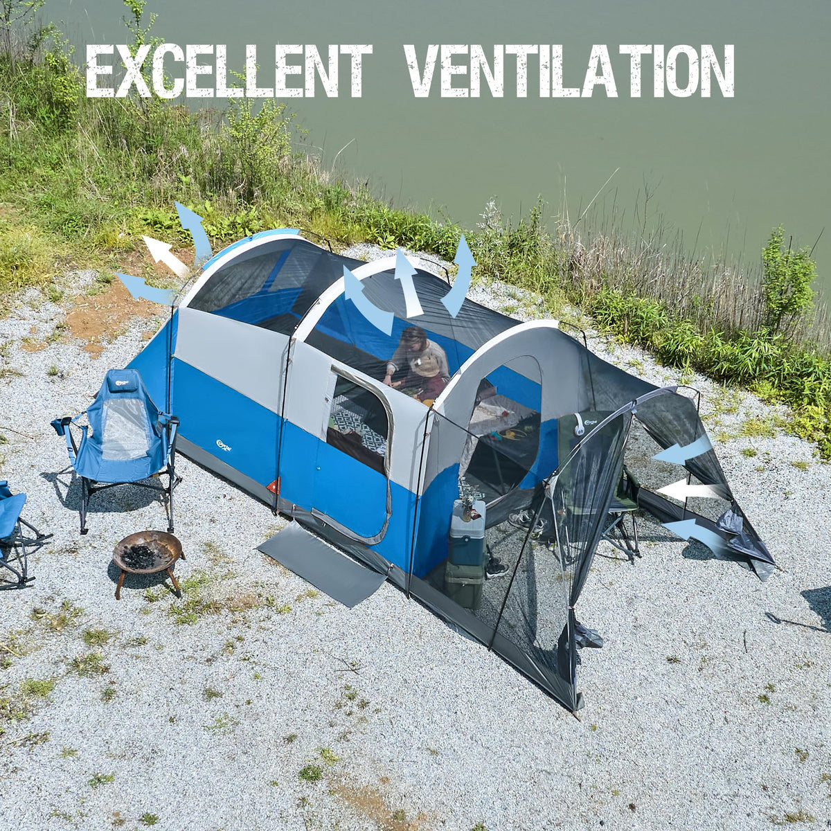 Portal 8 Person Family Camping Tent with Screen Porch, Weather Resistant Tunnel Tent with Rainfly, Large Family Tents for Outdoor Camping, Party
