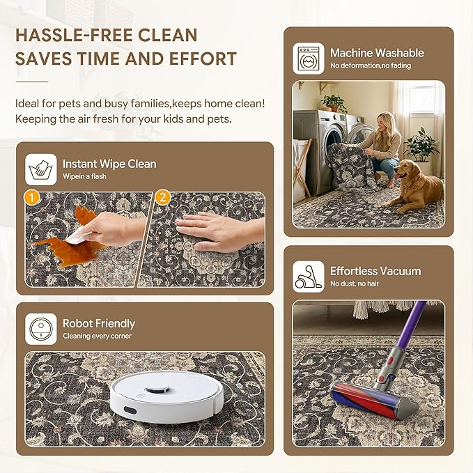 HUGEAR Entryway Machine Washable Area Rugs 2x3 Vintage Black Small Neutral Style Non Slip Stain Resistant Low Pile Throw Carpet for Hallway Kitchen Retro Aesthetic Modern Decor