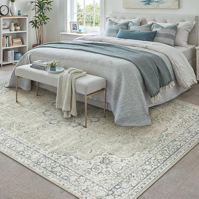 HUGEAR Machine Washable Area Rugs 5x7 Vintage Sage Green Living Room Bedroom Rug Neutral Style Non Slip Stain Resistant Low Pile Throw Carpet for Home Retro Aesthetic Modern Decor