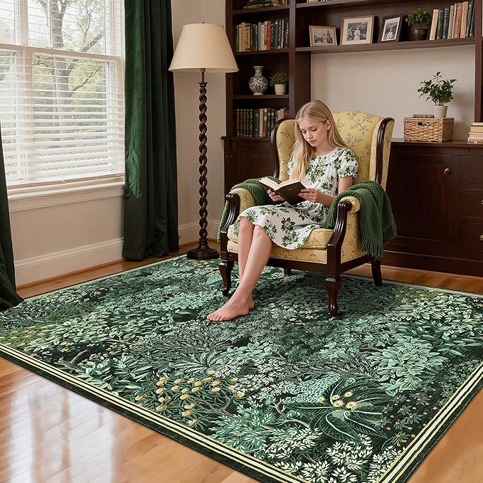 GarveeHome Forest Rugs 8x10, Dark Green Washable 8x10 Area Rug for Living Room, Botanical Low Pile Non Slip Stain Resistance Large Carpet for Office Dining Room, Farmhouse