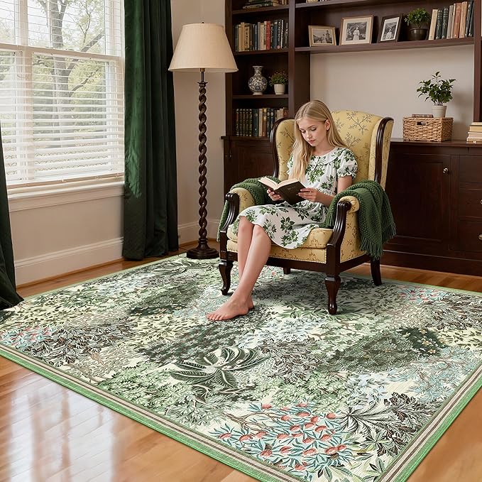 GarveeHome Forest Rugs 6x9, Beige Green Washable Area Rug for Living Room, Botanical Low Pile Non Slip Stain Resistance Woodland Area Rug for Farmhouse, Bedroom, Dining Room
