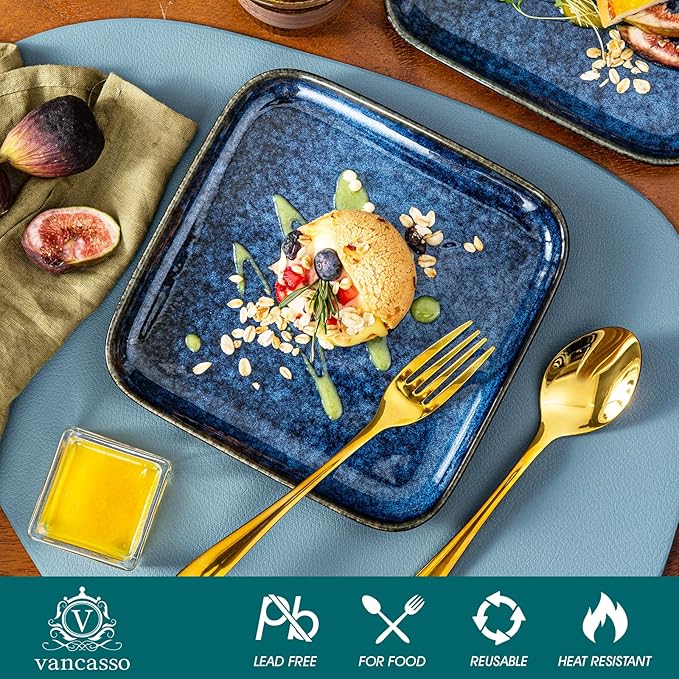 vancasso Stern Square Dinner Plates Set of 4, 7.5 Inch Dessert Plates, Reactive Change Glaze Blue Serving Pasta Salad Plate Dish, Scratch Resistant
