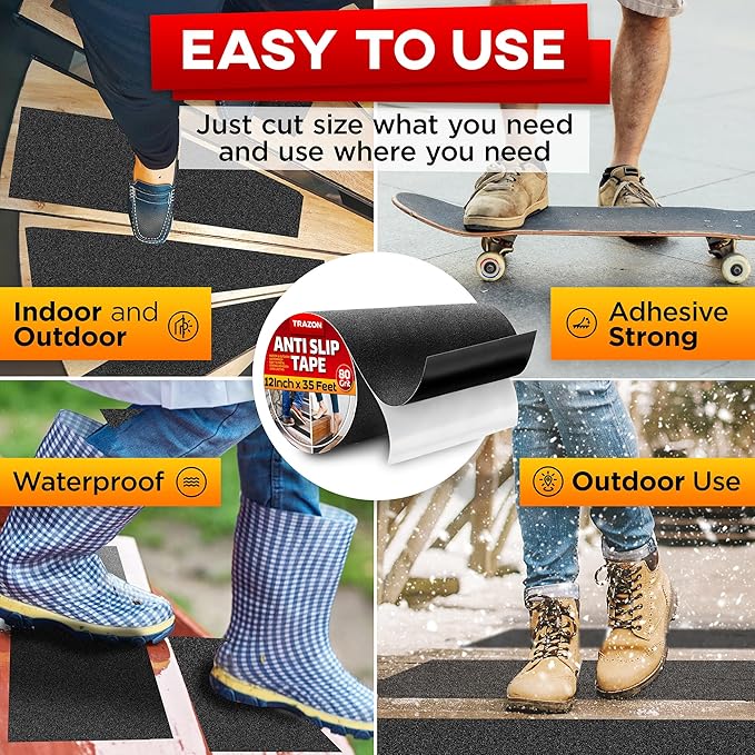 Grip Tape - Heavy Duty Anti Slip Tape for Stairs Outdoor/Indoor Waterproof 12Inch x 35Ft Safety Non Skid Roll for Stair Steps Ramp Traction Tread Staircases Grips Adhesive Non Slip Strips Walk Black