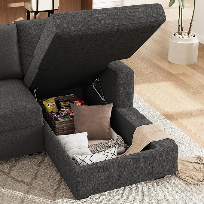 HONBAY Sectional Sleeper Sofa with Pull-Out Bed Storage Chaise,Modular Couch for Living Room, Middle Grey