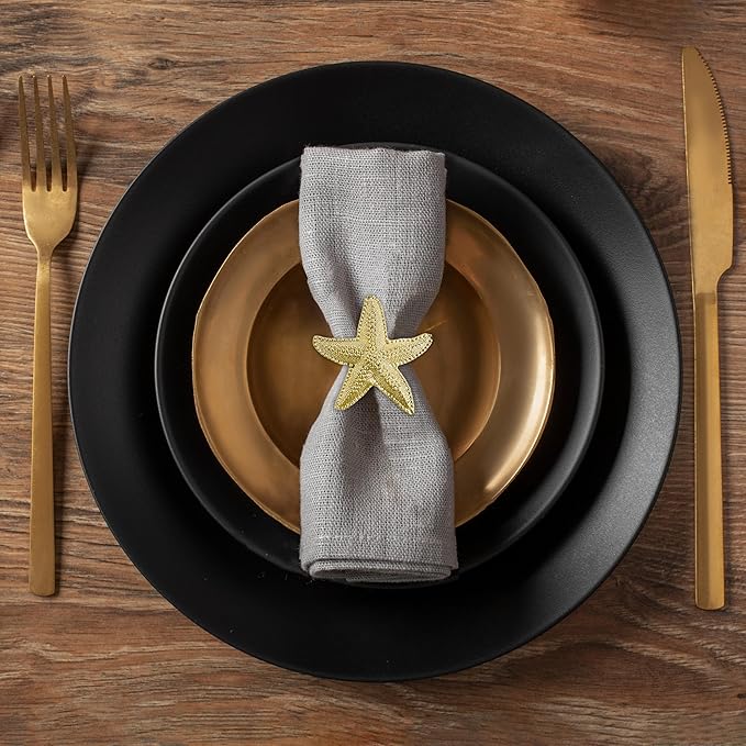 Decozen Set of 4 Gold Napkin Rings in Star Fish Design, Festive, Table Decor Setting for Holiday, Wedding, Birthday, Kitchen, Home Decor, Housewarming Gift - Mothers Day Decorations