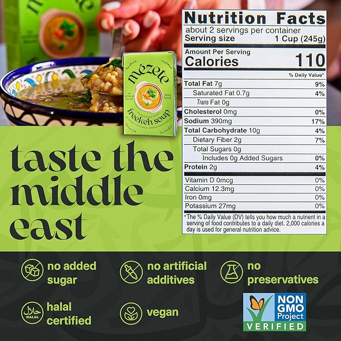 Mezete Smoky Freekeh Soup | Shelf Stable | Plant-Based | Instant Prepared Soup | Authentic Middle Eastern | Heat & Serve | Non-GMO | Packaged Meals & Side Dishes | 390g (Pack of 4)