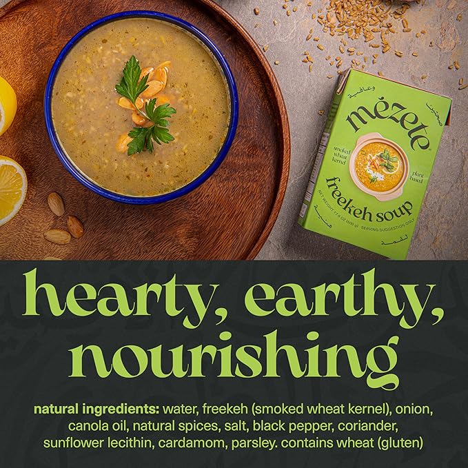 Mezete Smoky Freekeh Soup | Shelf Stable | Plant-Based | Instant Prepared Soup | Authentic Middle Eastern | Heat & Serve | Non-GMO | Packaged Meals & Side Dishes | 390g (Pack of 4)