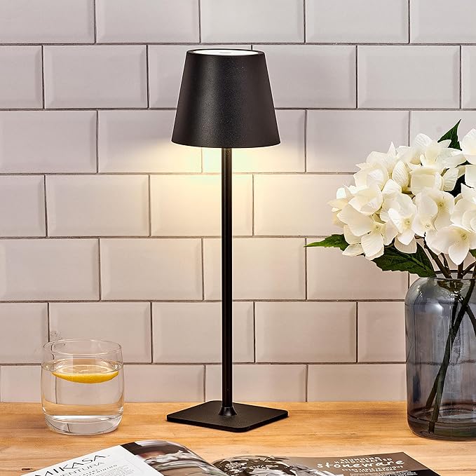 Mikasa 14.8 Inch LED Rechargeable Table Lamp - Touch Control Desk Lamp with Stepless Dimming, 3 Color Temperature Settings, 54 LED Lights, 30 Hour Runtime, Cordless Portable Design, Black