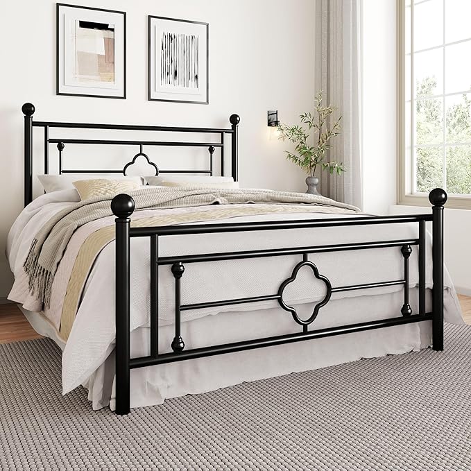 SHA CERLIN 14 Inches Queen Size Metal Platform Bed Frame/Vintage Iron-Art Headboard and Footboard/Mattress Foundation for Storage/No Box Spring Needed/Noise-Free/Easy Assembly/Black