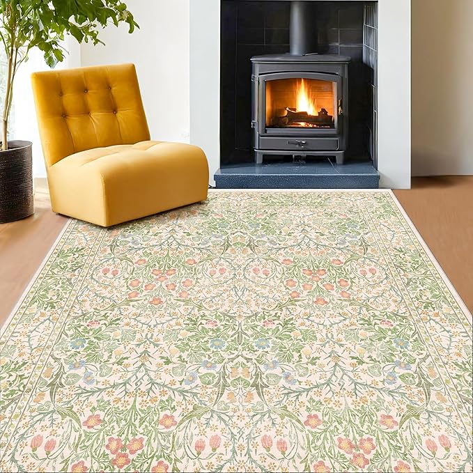 Light Green Bedroom Rug 5x7 Area Rug for Living Room, Vintage Washable Floral Floor Mat for Nursery, Dining Room Low Pile Non Slip Stain Resistance Distressed Retro Indoor (5x7 Beige Green)