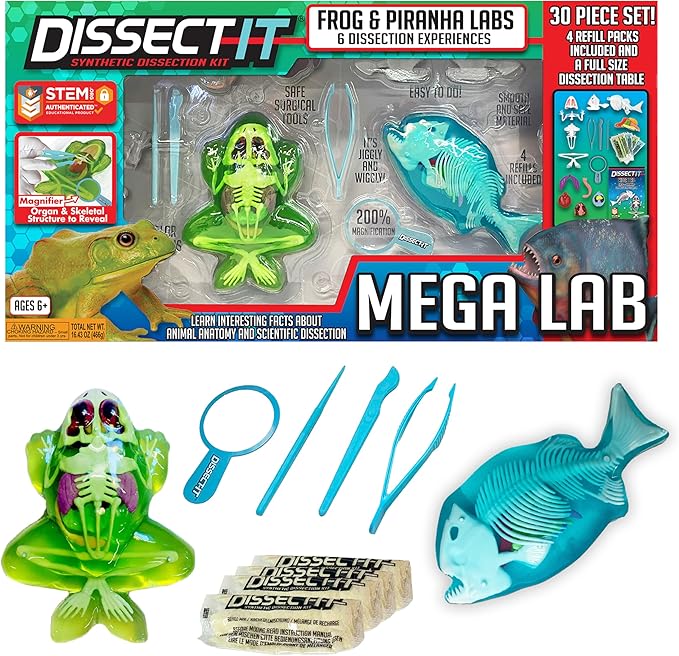 Top Secret Toys Mega Lab Dissect It Kit for Kids, Synthetic Frog and Piranha Dissection Kids Science Kit with Tools, STEM Biology Toys for Ages 6+