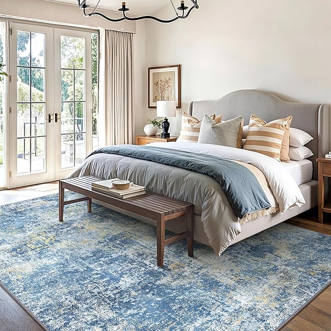 GENIMO Washable Area Rugs for Living Room, 8x10 Modern Non Slip Rugs, Low Pile Lightweight Soft Print Rug for Bedroom, Dining Room, Home Office, Denim Blue