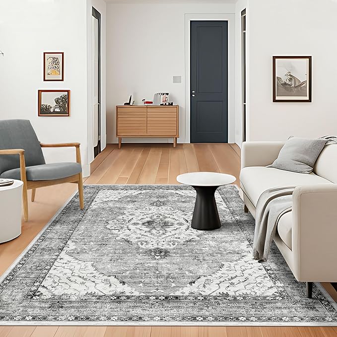 Deerly 5x8 Rugs for Bedroom Living Room - Machine Washable Rugs Large Non-Slip Family & Pet Friendly Area Rugs Carpet Oriental Neutral Print Floor Rug Border Grey/Navy