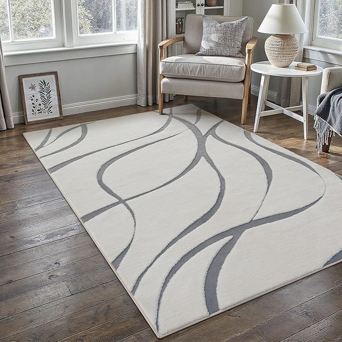 HUGEAR Shag Area Rug 4x6 Grey & Ivory Washable Living Room Bedroom Rug Non Slip Non-Shedding Soft Plush Medium Pile Large Throw Carpet for Home Office Aesthetic Modern Decor