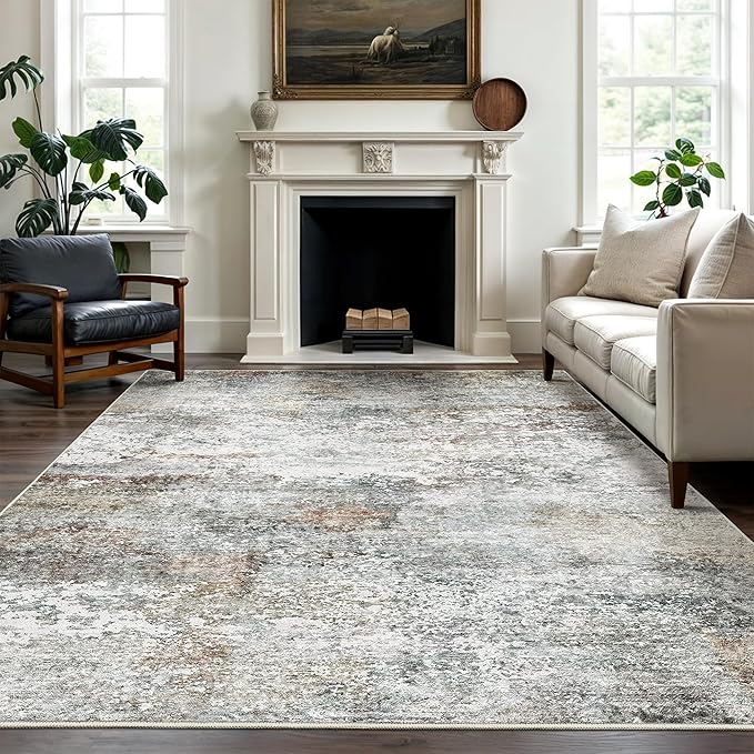Art&Tuft Washable Rug, Anti-Slip Backing Abstract Area Rugs, Stain Resistant Rugs for Living Room, Foldable Machine Washable Area Rug(Grey/Rust, 8'x10')