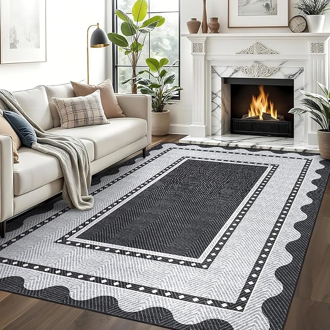 GarveeHome Modern Neutral Area Rug 5x7 Non Slip Washable Rugs for Living Room, Contemporary Bordered Rugs Stain-Resistant Soft Carpet, Low Pile Floor Mats for Dining Room, Bedroom, Black Grey