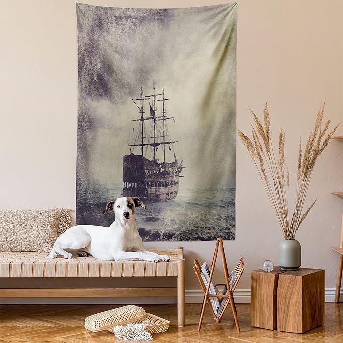 Ambesonne Nautical Tapestry, Old Pirate Ship in the Sea Historical Cruise Retro Voyage Grunge Style Art, Fabric Wall Hanging Decor for Bedroom Living Room Dorm, 23" X 28", Tan Plum