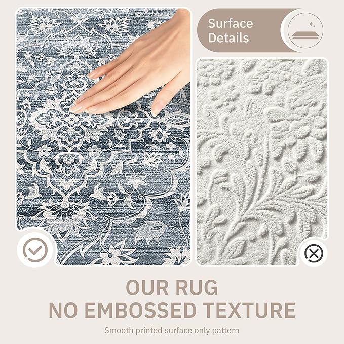 5x7 Area Rugs for Living Room, Washable Vintage Floral Non-Slip Low Pile Natural Rug Soft Throw Carpet for Dining Room Bedroom Home Office Nursery (Blue, 5'x7')