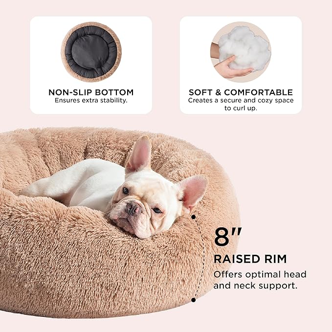 Bedsure Calming Dog Bed Medium Size Dog - Donut Washable Medium Pet Bed, 30 inches Anti-Slip Round Fluffy Plush Faux Fur Cat Bed, Fits up to 45 lbs Pets, Camel