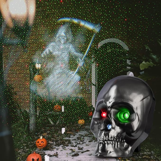 Halloween Projector Lights, Ghost Skeleton Halloween Laser Lights in Skull Shape, 5 Modes and Spooky Screams, Halloween Party Decor with Remote Control Timer for Halloween Decorations Indoor