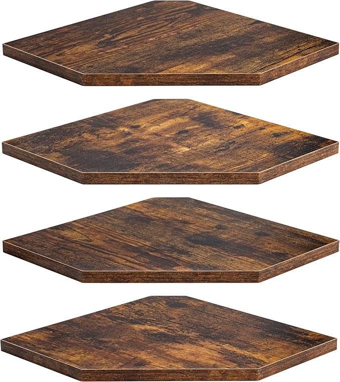 Fun Memories Corner Shelf Wall Mount, Floating Corner Shelves, Set of 4 Corner Wall Shelf Organizer, Rustic Wood Wall Storage Display Shelves for Living Room Bedroom Bathroom Kitchen, Rustic Brown